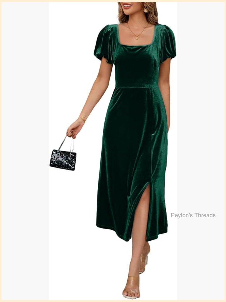 Velvet Square Neck Midi Dress With Side Slit Short Sleeve Flow